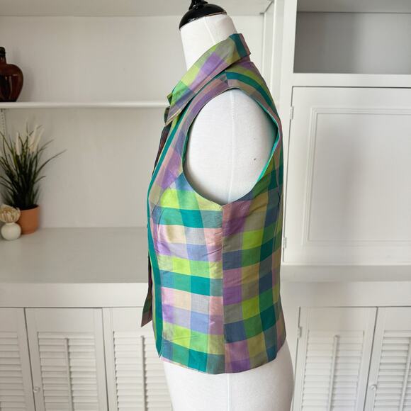Vintage Halston Checkered Plaid Silk Taffeta Sleeveless Blouse Size S - Picture 3 of 6